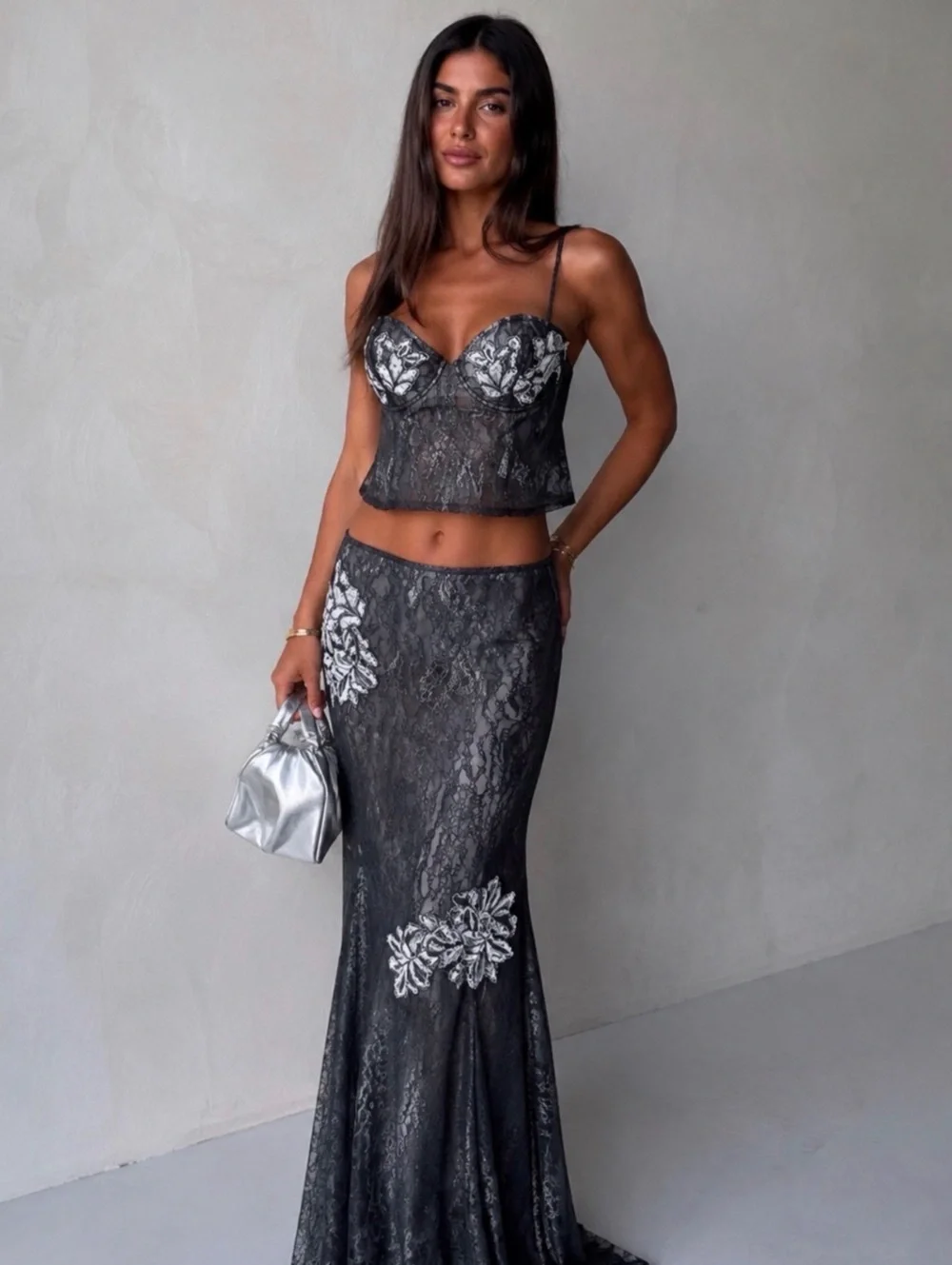 Free People Black Lace Floral Applique Camisole and Maxi Skirt Set, Size M